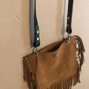 Handmade suede fringed shoulder bag with leather strap